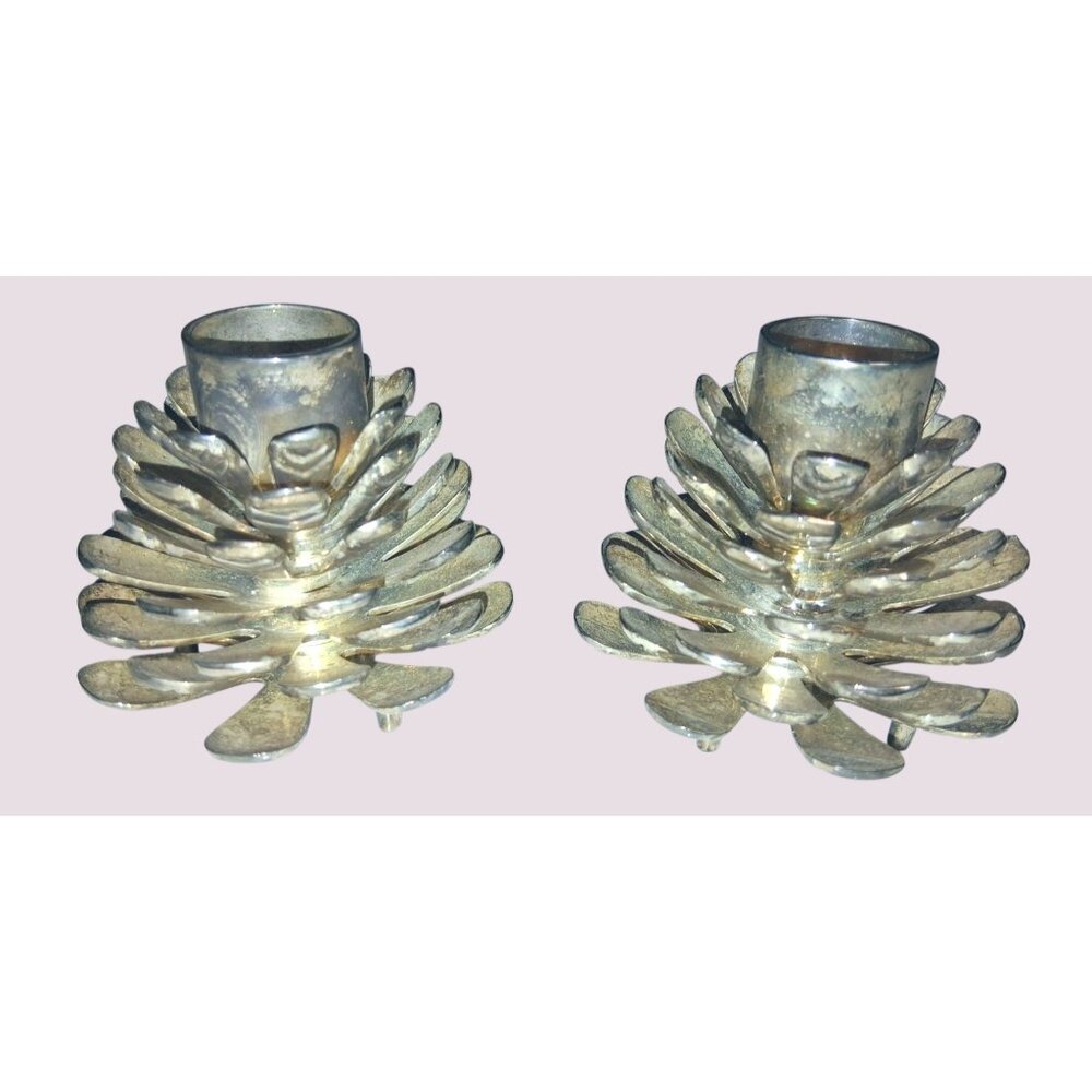 Pair Of Silver-Plated Pinecone Candle Holders Midwestern Home 2.5"H Embossed Des